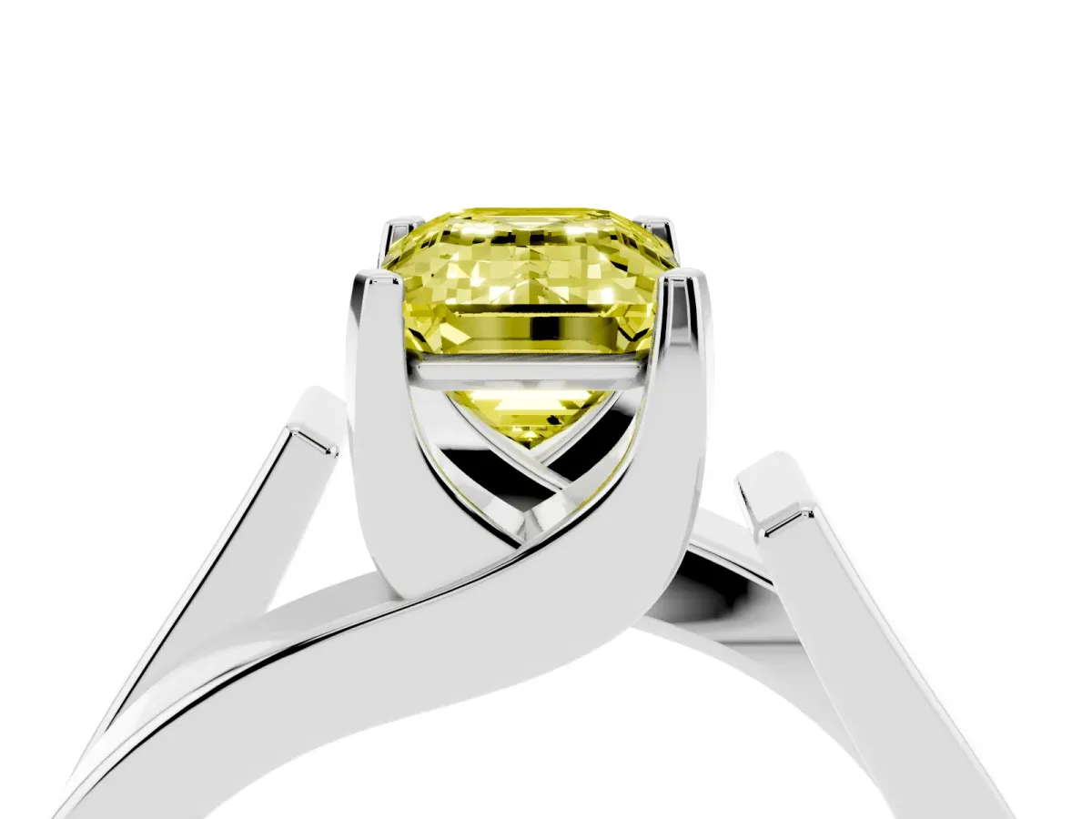 Fancy Yellow Modern Tension Set Emerald Cut Diamond Solitaire Wide Band Ring Silver