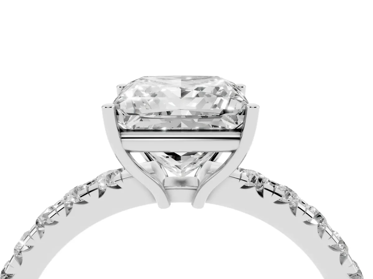 Princess Cut Diamond Pavé Solitaire Engagement Ring with Four-Prong Setting Platinum