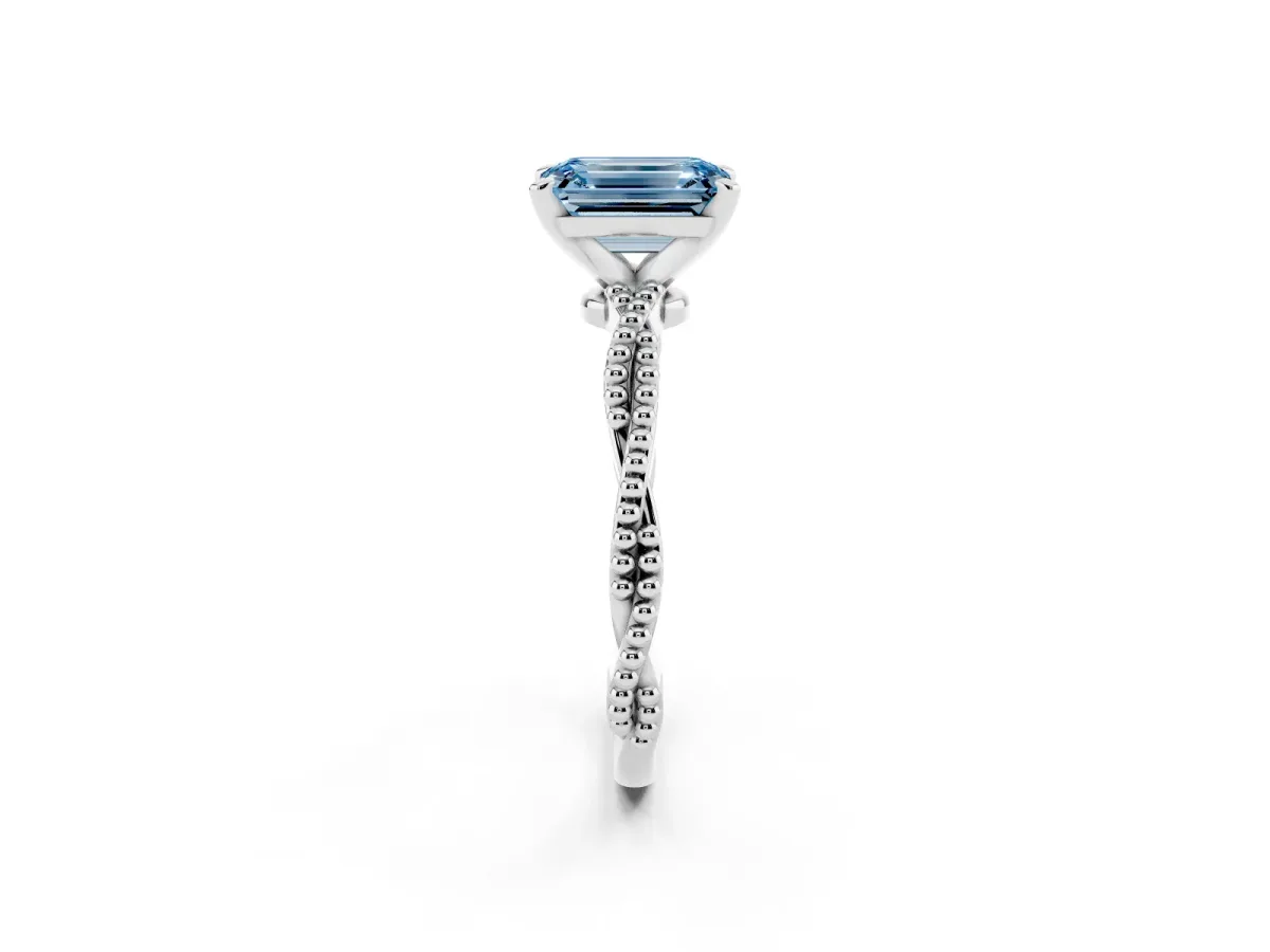 Fancy Blue Emerald Cut Solitaire Twisted Band with Bead Prong Setting Silver