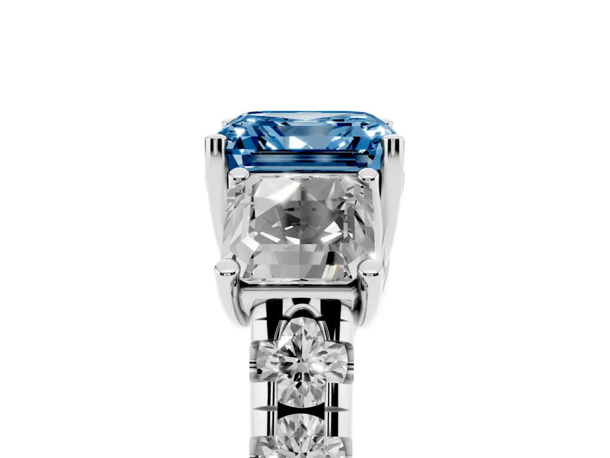 Fancy Blue Three-Stone Asscher Cut Diamond Pavé Band with Prong Setting Silver