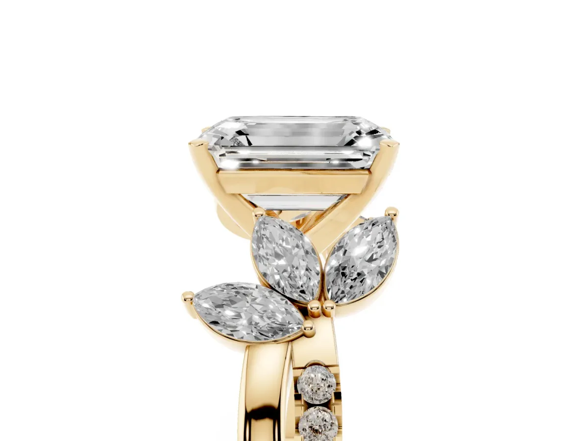 Emerald Cut Diamond Floral Vine Solitaire Engagement Ring Yellow gold
