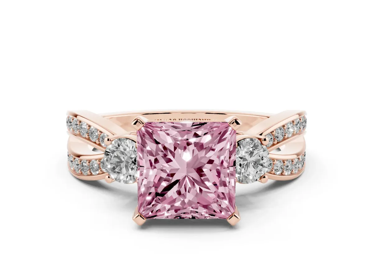 Fancy Pink Three-Stone Princess Cut Cut Diamond Twist Band with Prong Setting Rose gold