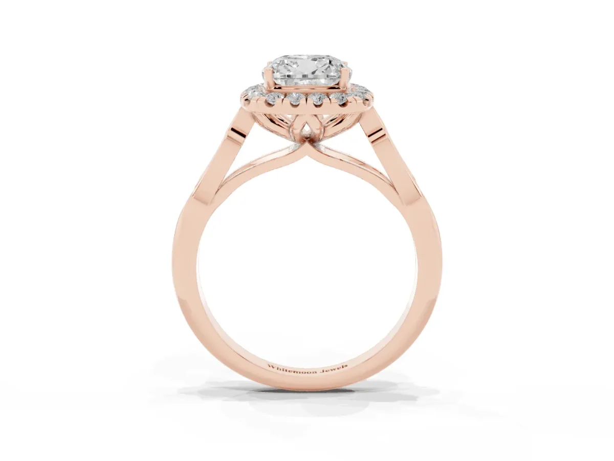 Cushion Cut Halo Diamond Engagement Ring with Filigree Band and Four-Prong Setting Rose gold