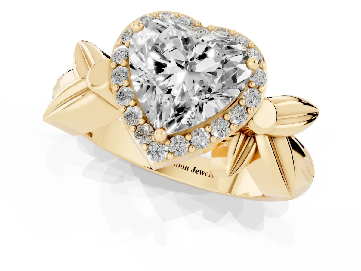 Heart Cut Halo Diamond Floral Band with Four-Prong Setting Yellow gold