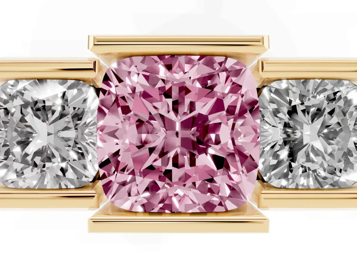 Fancy Pink Three Stone Cushion Cut Cut Channel Set Diamond Ring Yellow gold