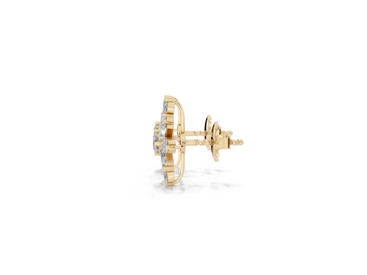 Round Cut Diamond Snowflake Cluster Stud Earrings Yellow gold