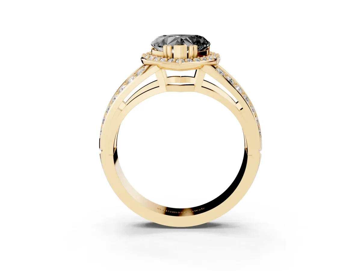 Fancy Black Heart Cut Diamond Halo Ring with Split Shank Pavé Band and Four-Prong Setting Yellow gold