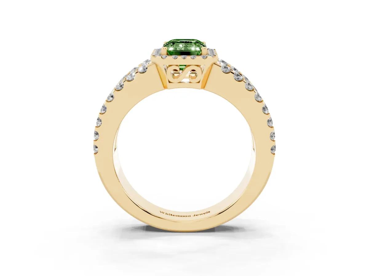 Fancy Green Emerald Cut Cut Halo Split Shank Diamond Ring with Four-Prong Setting Yellow gold