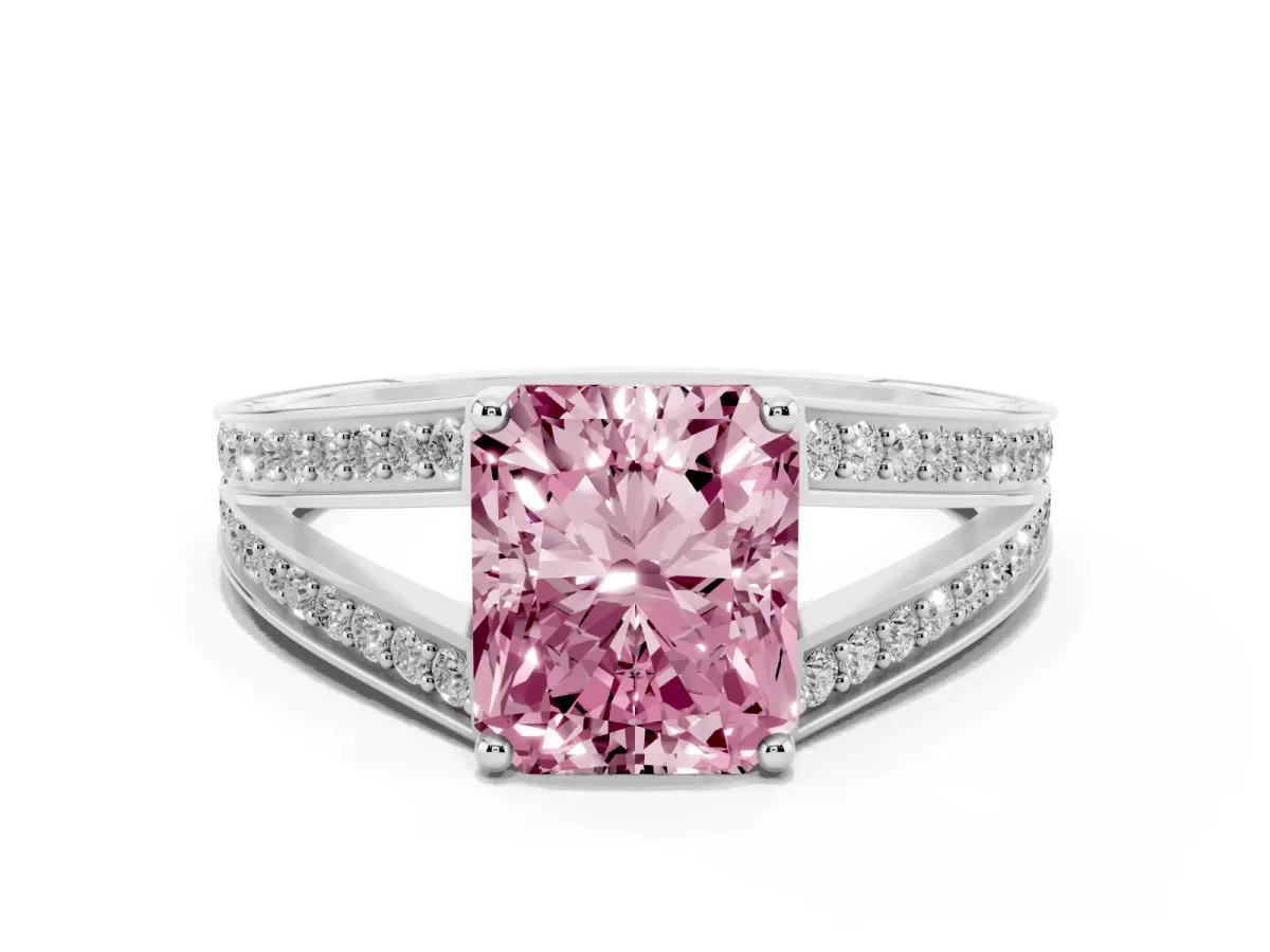 Fancy Pink Radiant Cut Diamond Split Shank Ring with Pavé Band and Four-Prong Setting White gold