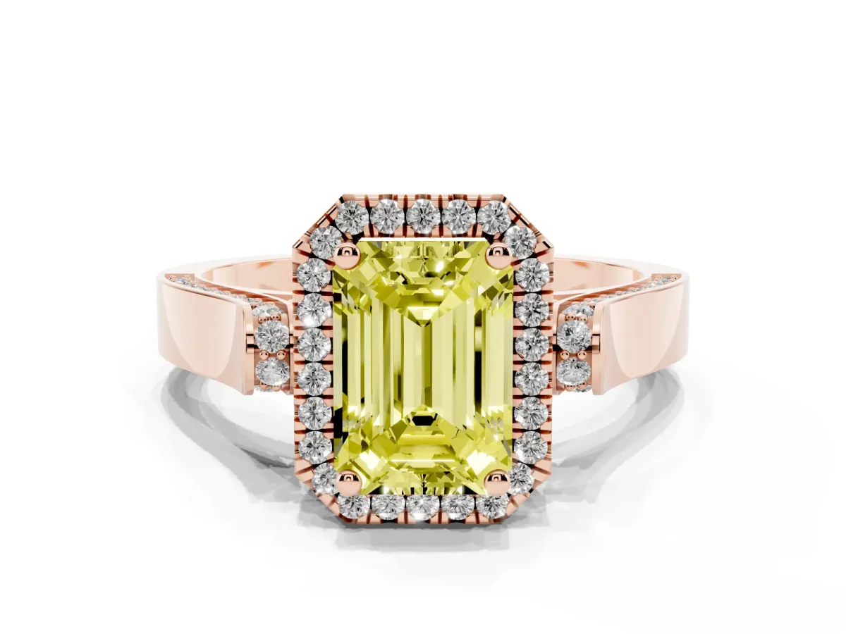 Fancy Yellow Emerald Cut Halo Round Diamond Twist Band with Four-Prong Setting Rose gold