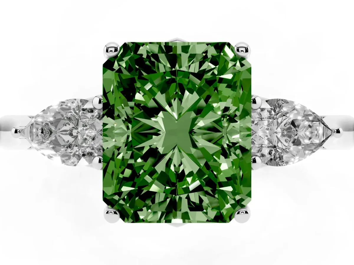 Fancy Green Three-Stone Radiant Cut Brilliant Diamond Solitaire Ring with Tapered Band and Four-Prong Setting Silver