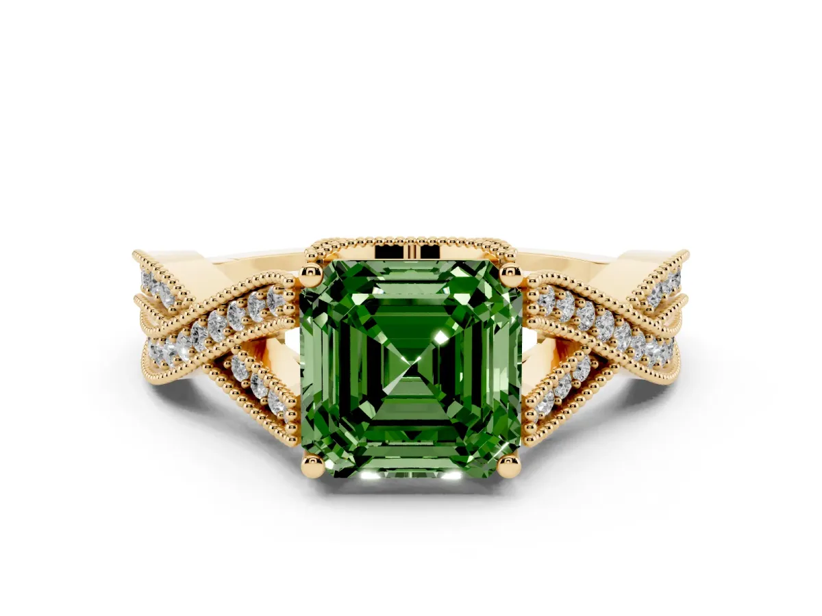 Fancy Green Asscher Cut Cut Diamond Twisted Band with Milgrain Pave Setting and Four-Prong Setting Yellow gold