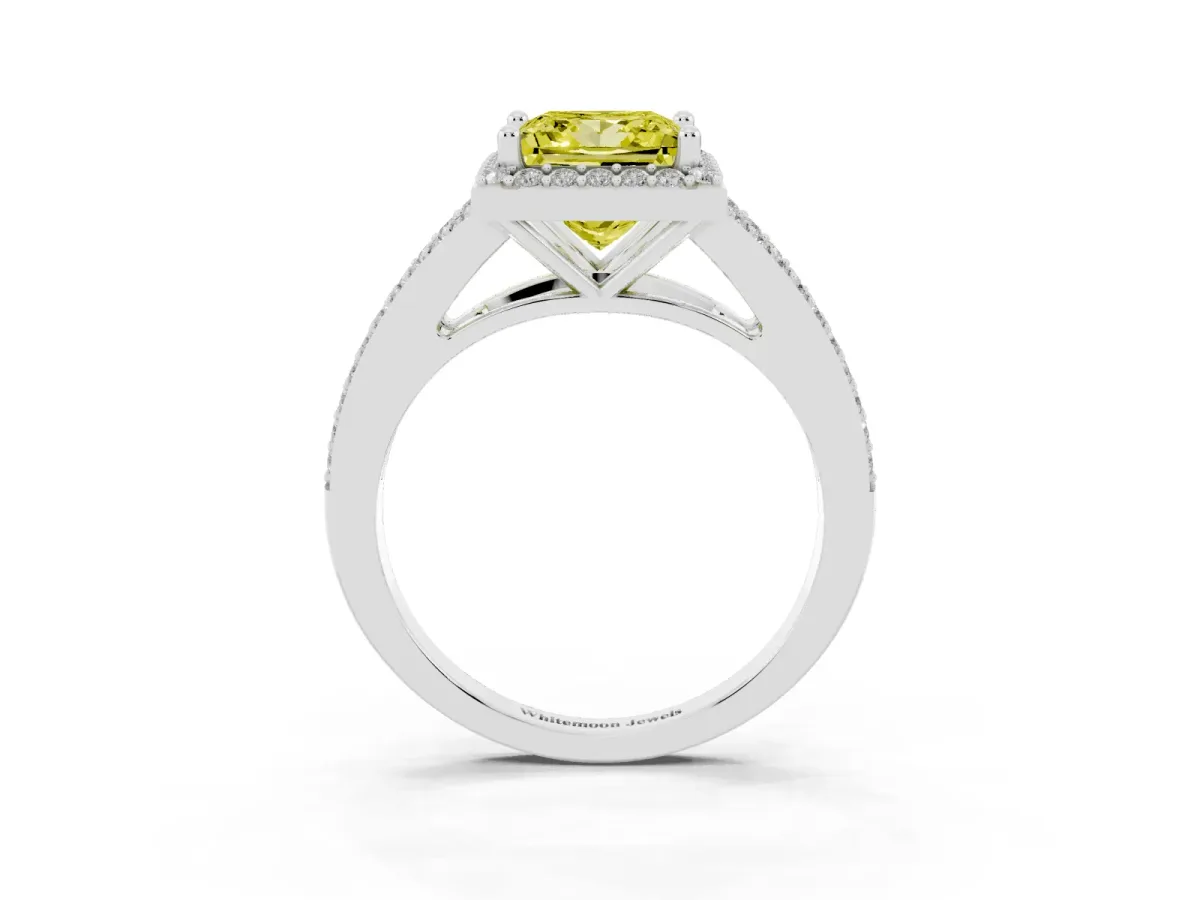 Fancy Yellow Princess Cut Halo Split Shank Pave Diamond Ring with Four-Prong Setting Platinum