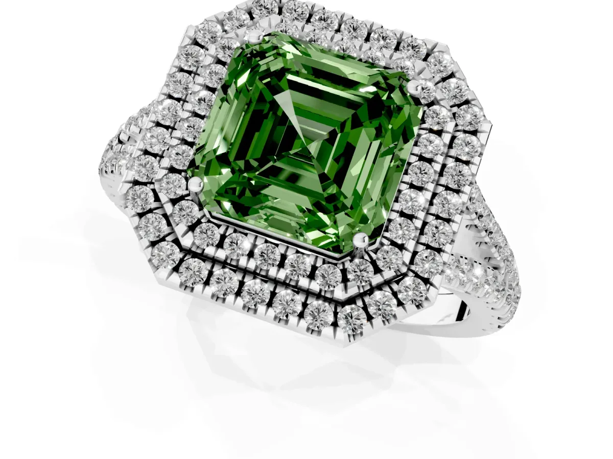 Fancy Green Asscher Cut Diamond Double Halo Ring with Pavé Band and Prong Setting Silver