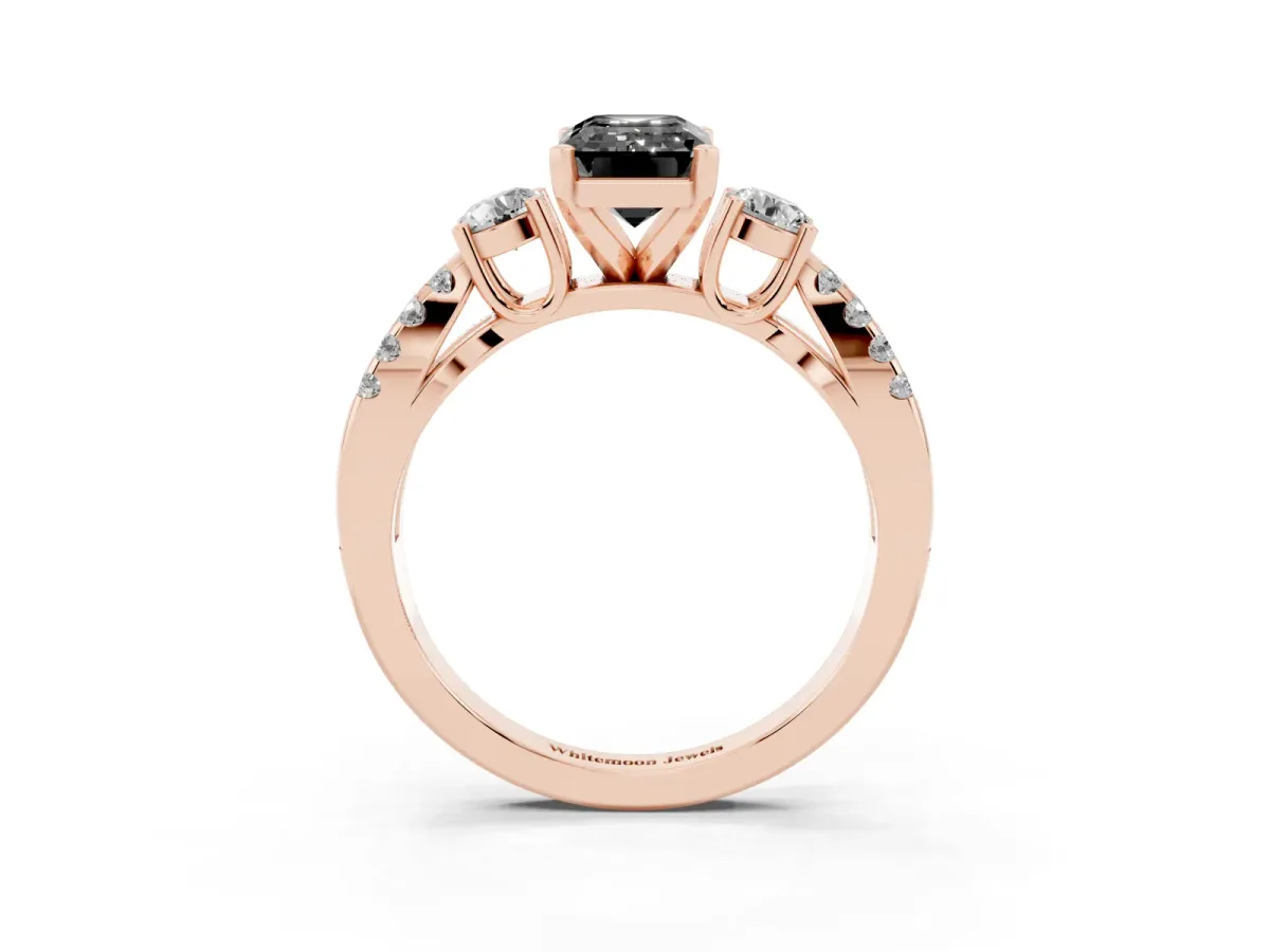 Fancy Black Emerald Cut Diamond Three-Stone Ring with Pavé Split Shank and Four-Prong Setting Rose gold