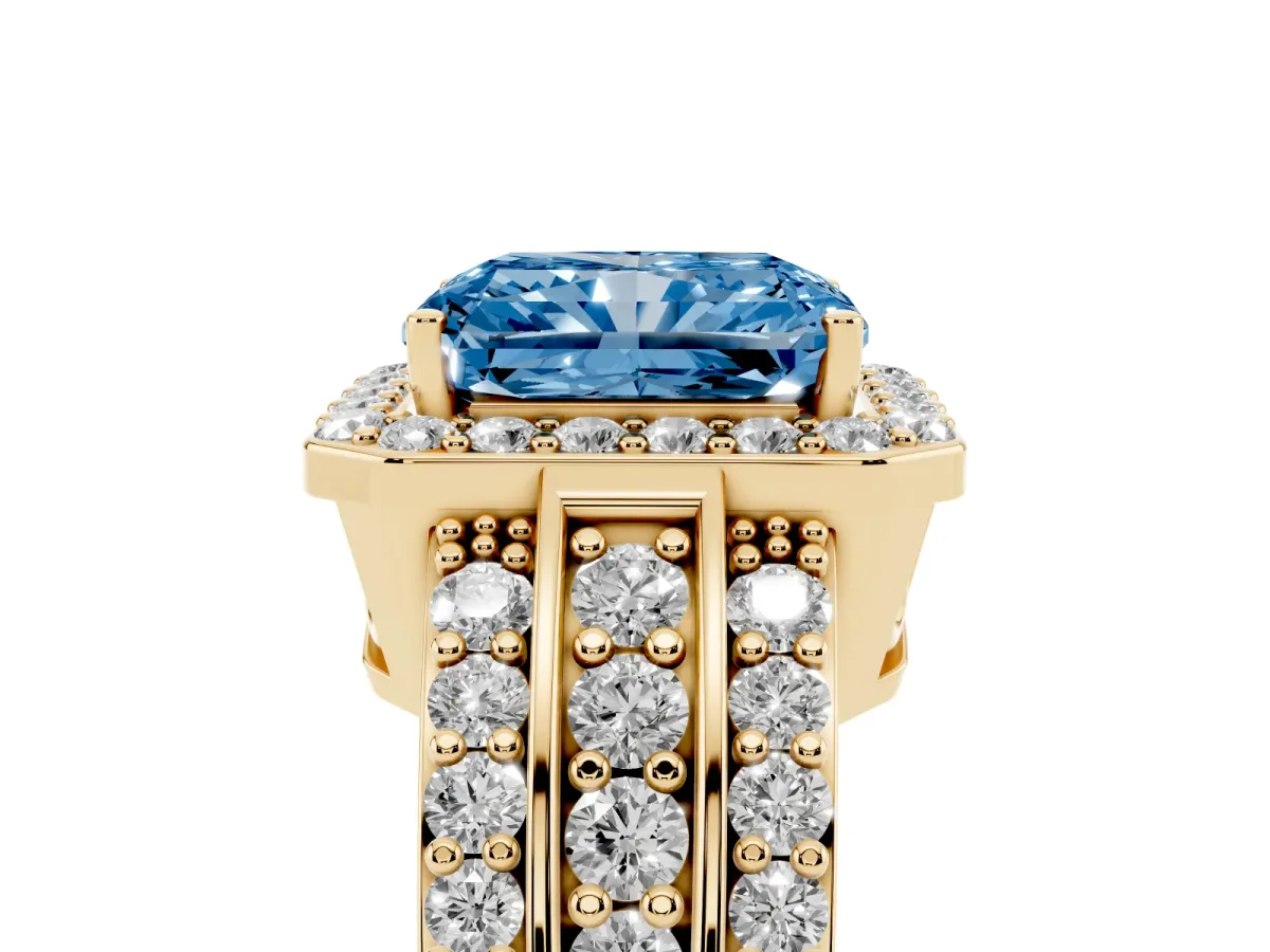 Fancy Blue Radiant Cut Halo Diamond Ring with Round Split Shank and Prong Setting Yellow gold