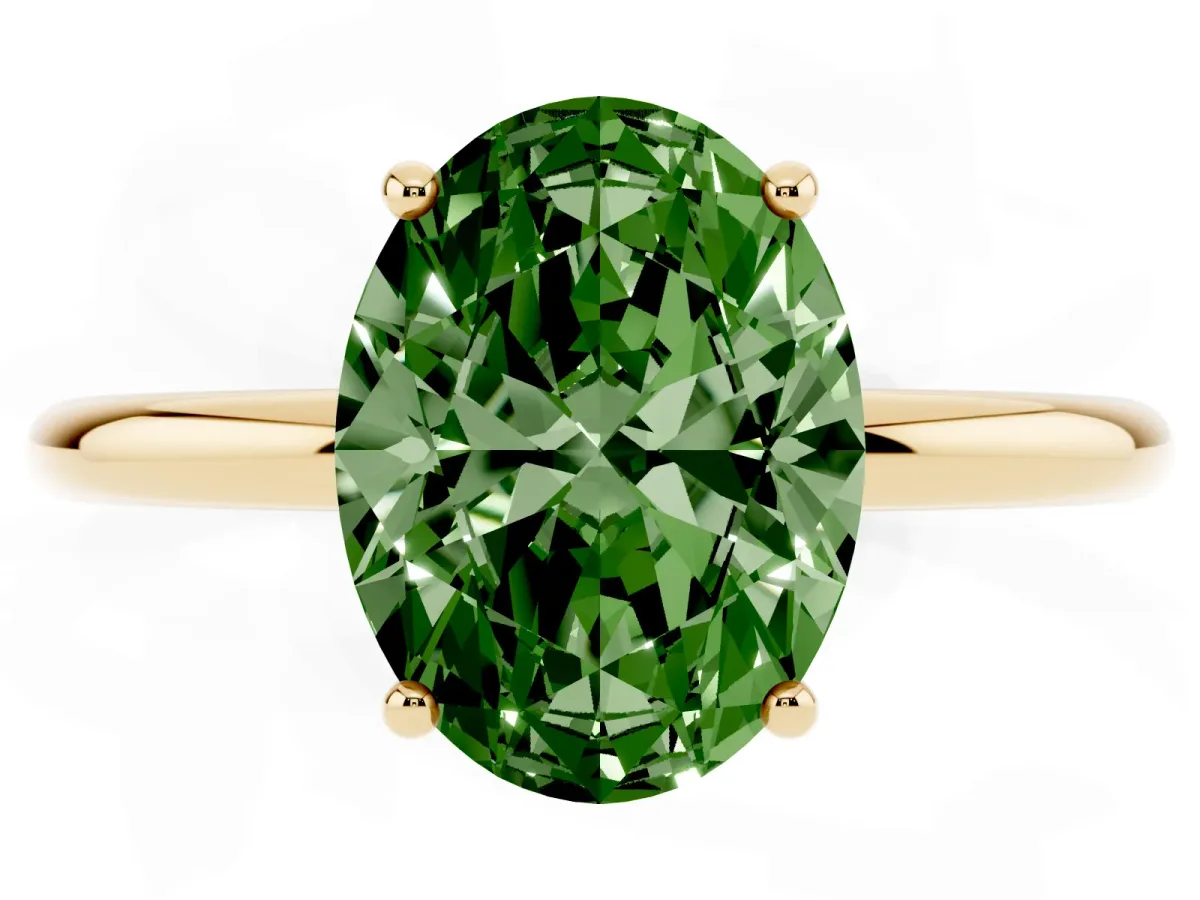 Fancy Green Oval Cut Solitaire Diamond Ring with a Classic Band and Four-Prong Setting Yellow gold