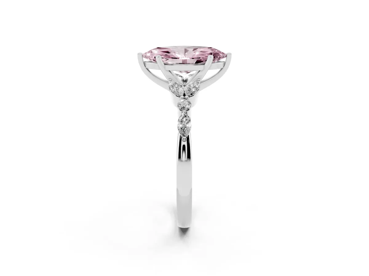 Fancy Pink Marquise Cut Diamond Solitaire Ring with Side Stones and Four-Prong Setting Silver