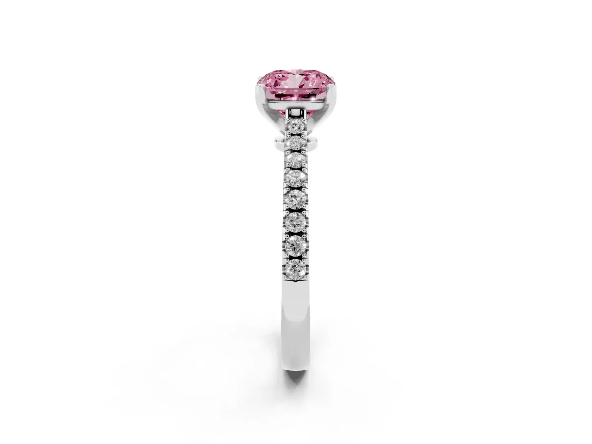 Fancy Pink Cushion Cut Cut Solitaire Diamond Engagement Ring with Pave Band and Four-Prong Setting White gold