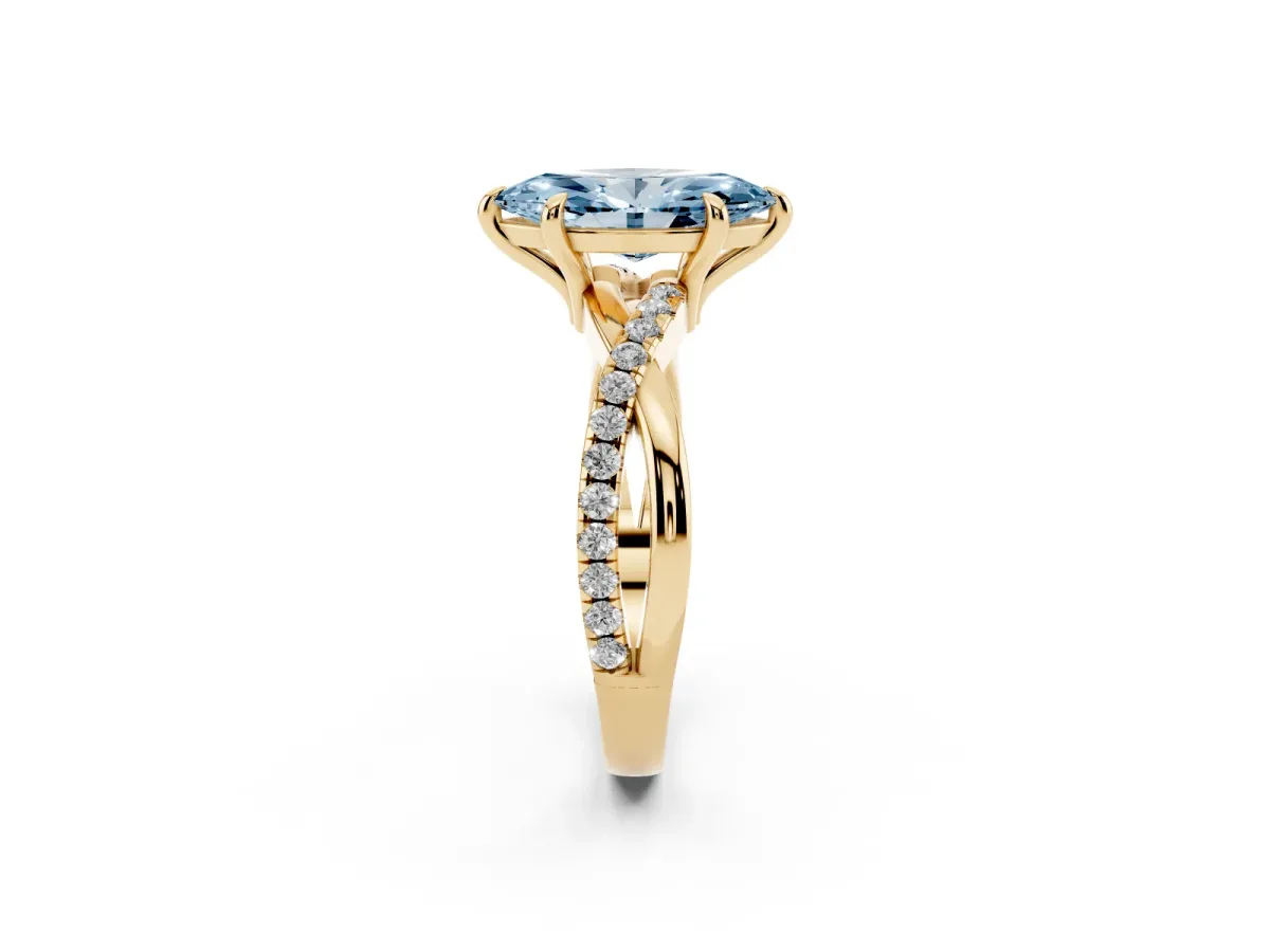 Fancy Blue Marquise Cut Cut Diamond Twist Band Solitaire with Prong Setting Yellow gold