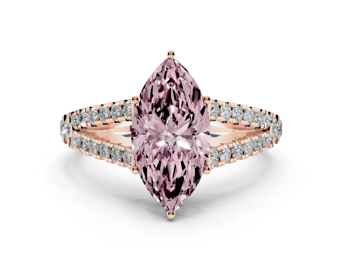 Fancy Pink Marquise Cut Diamond Split Shank Engagement Ring with Round Pavé and Prong Setting Rose gold