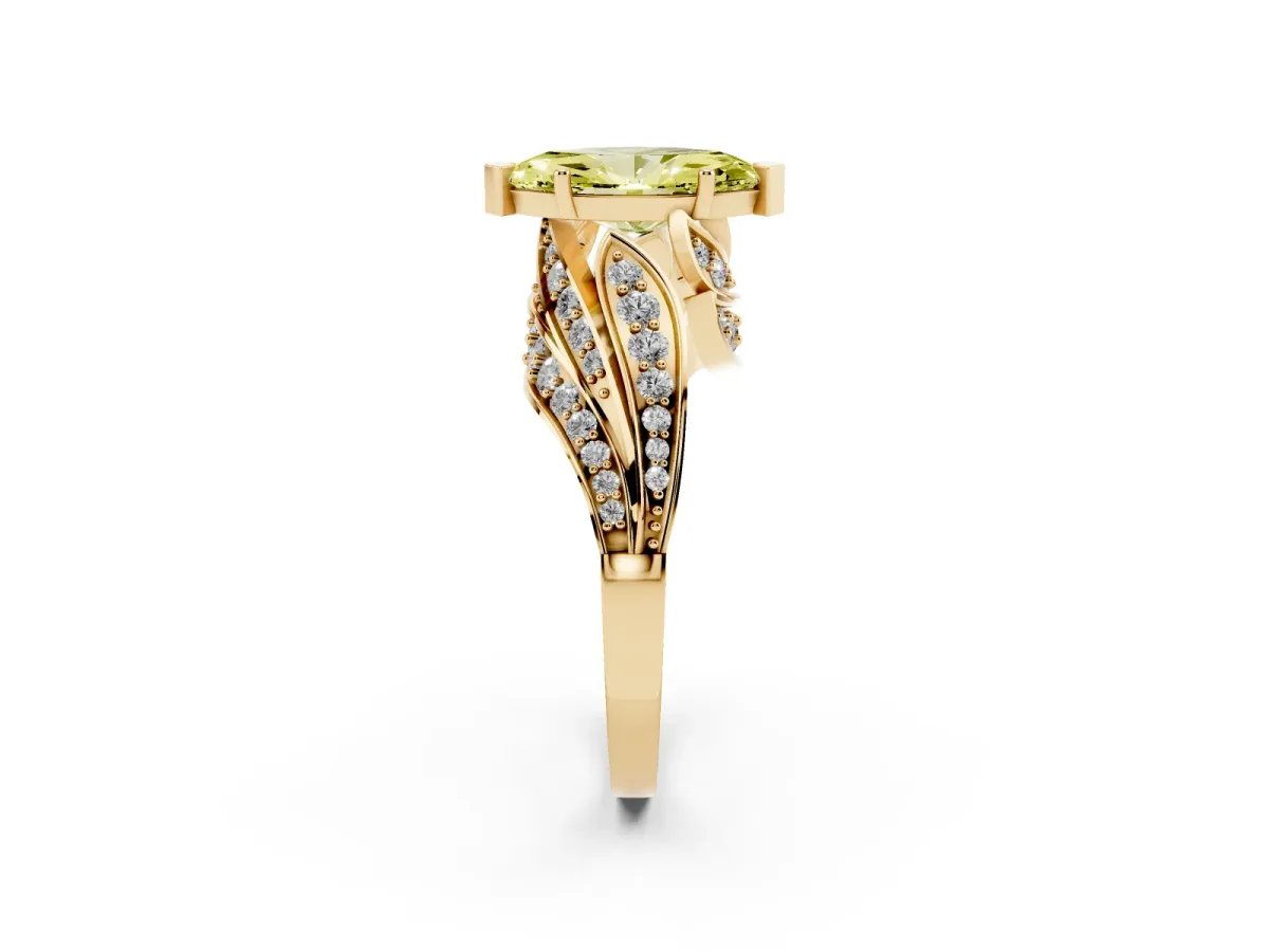 Fancy Yellow Marquise Cut Diamond Solitaire Ring with Prong Setting and Twisted Pavé Band Yellow gold