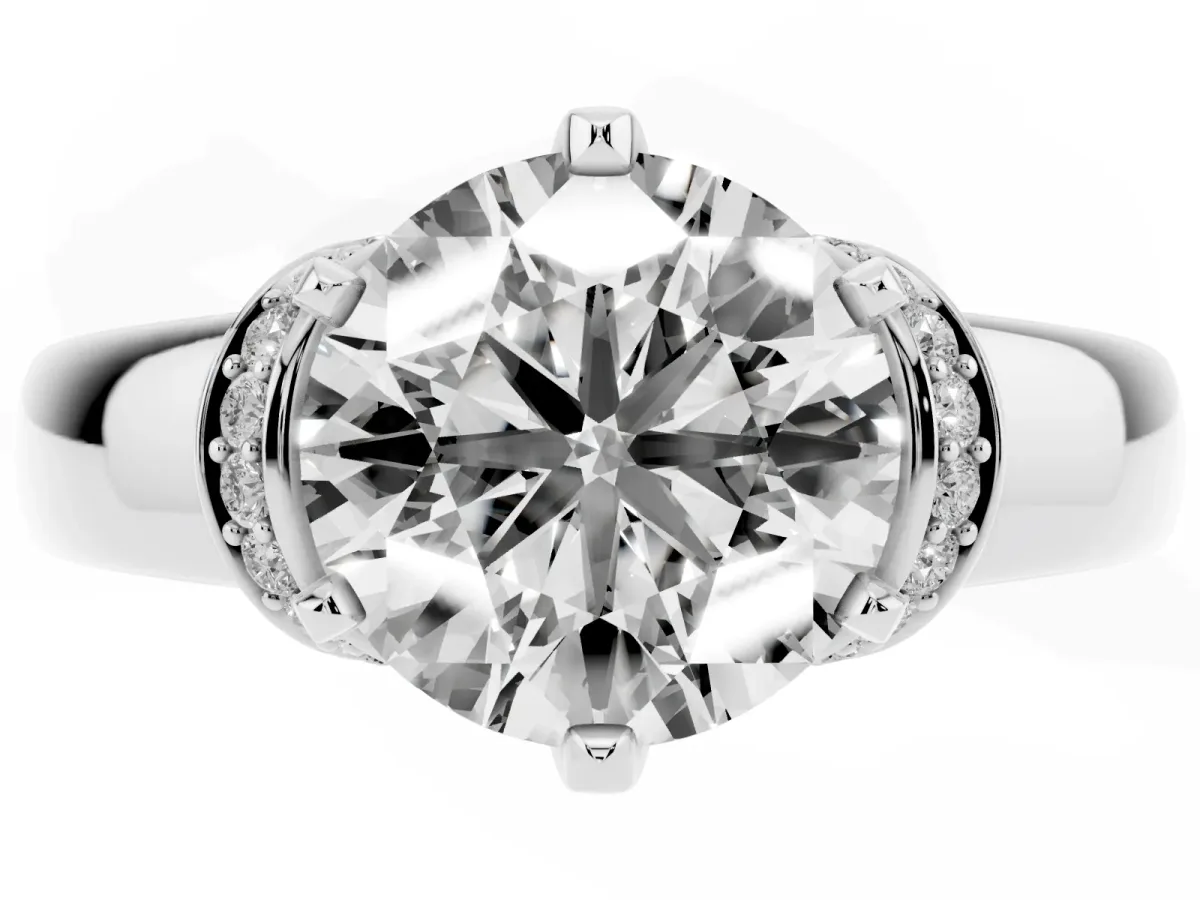 Round Cut Solitaire Diamond Ring with Pave Band and Six-Prong Setting Silver