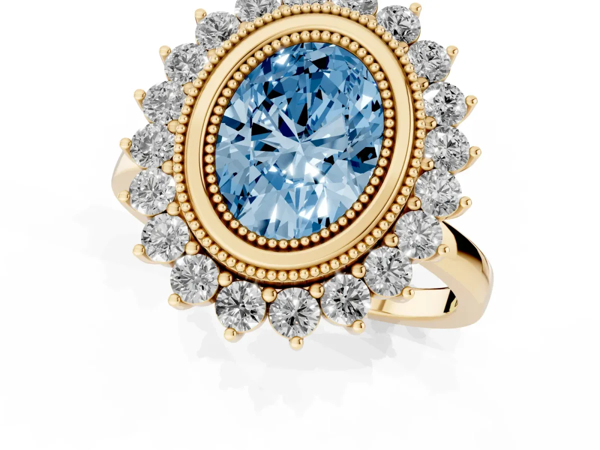 Fancy Blue Oval Cut Halo Diamond Ring with Milgrain Edge and Round Prong Setting Yellow gold