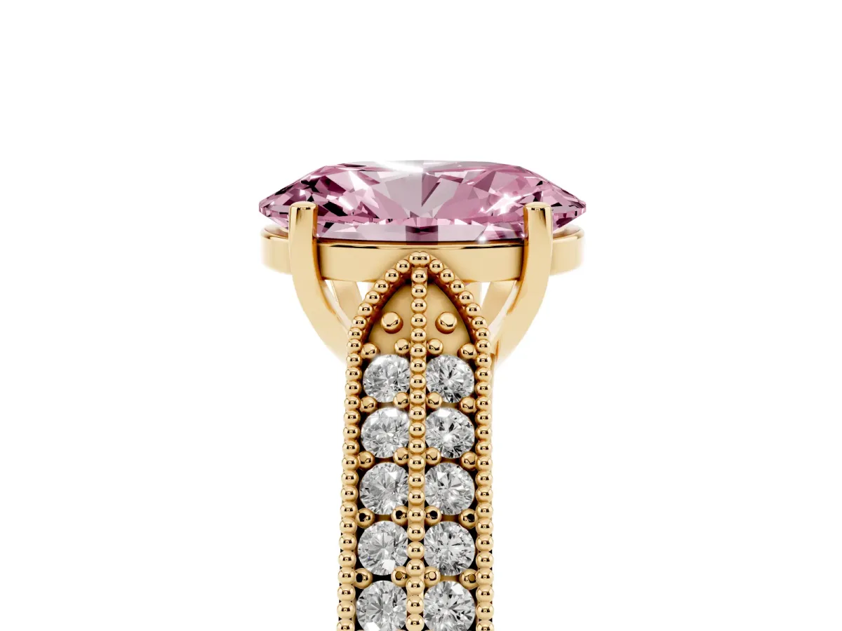 Fancy Pink Oval Cut Cut Pave Split Shank Engagement Ring with Four-Prong Setting Yellow gold