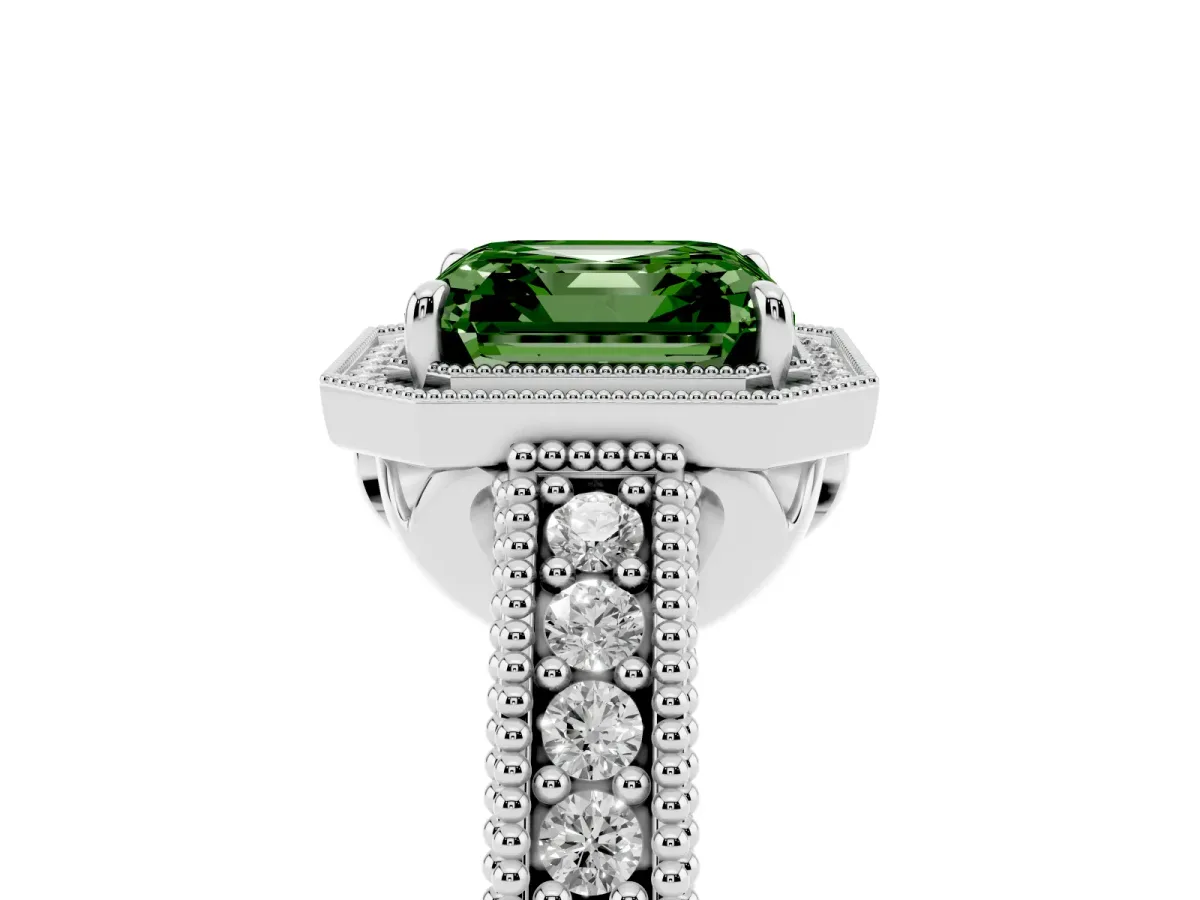 Fancy Green Asscher Cut Cut Halo Diamond Ring with Pavé Band and Four-Prong Setting Platinum