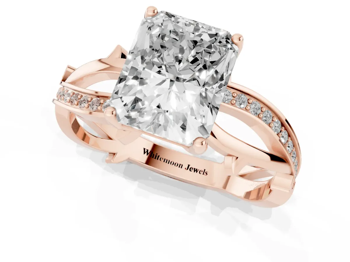 Radiant Cut Solitaire Twist Band with Pavé Accents and Four-Prong Setting Rose gold