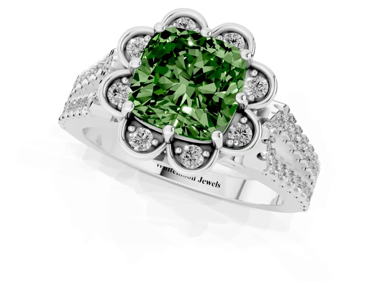 Fancy Green Cushion Cut Halo Diamond Floral Split Shank Engagement Ring Silver