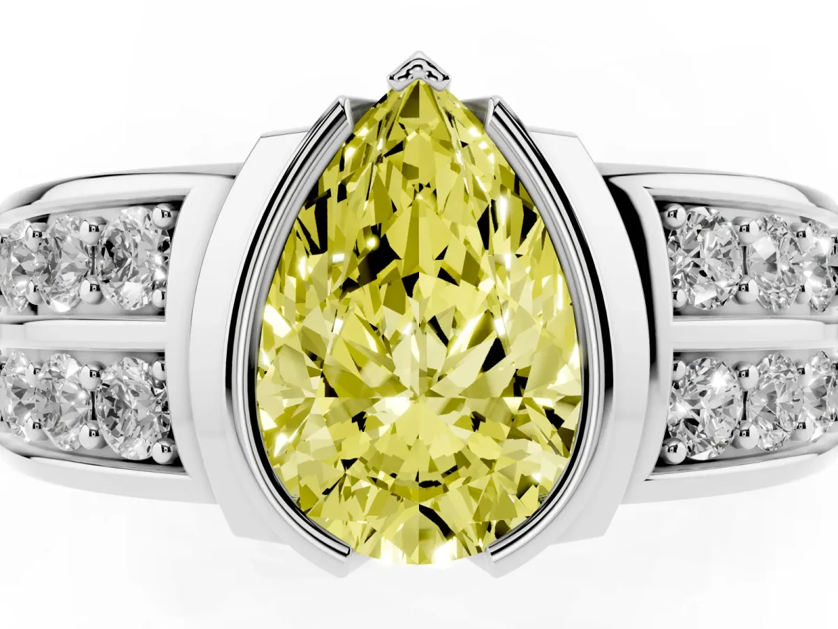 Fancy Yellow Pear Cut Brilliant Diamond Channel Set Wide Band Ring with Bezel Setting Platinum