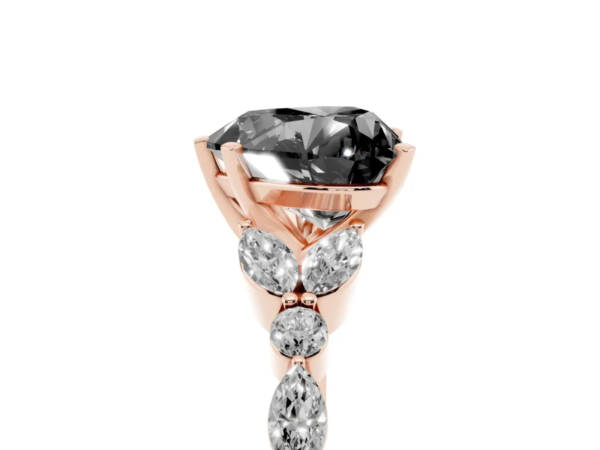 Fancy Black Heart Cut Diamond Solitaire Ring with Side Stones and Four-Prong Setting Rose gold