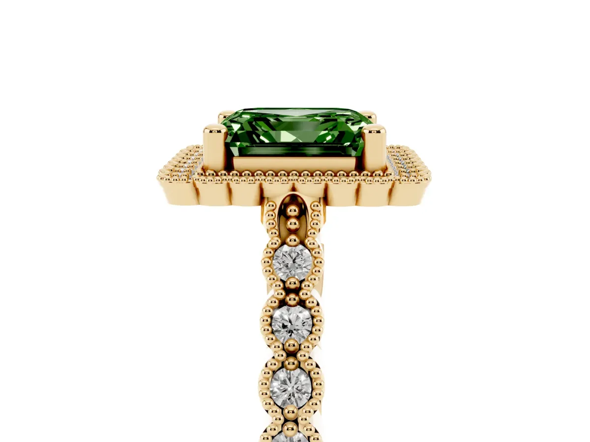 Fancy Green Asscher Cut Cut Halo Pavé Solitaire Ring with Milgrain Band Yellow gold