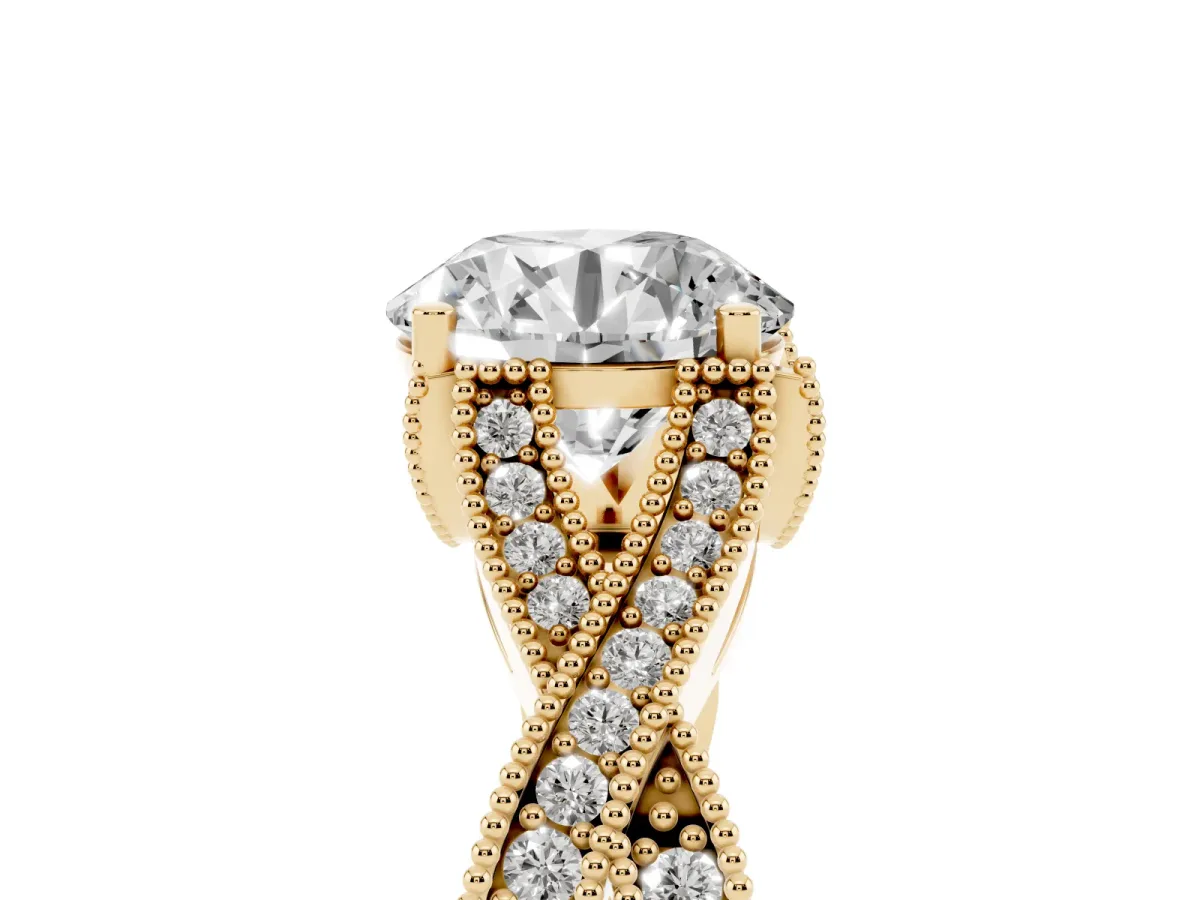 Round Cut Cut Diamond Twisted Band with Milgrain Pave Setting and Four-Prong Setting Yellow gold