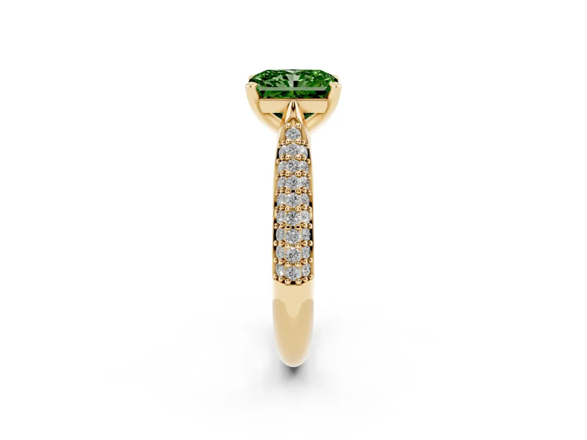 Fancy Green Radiant Cut Diamond Solitaire Engagement Ring with Multi-Row Round Pavé Band and Prong Setting Yellow gold