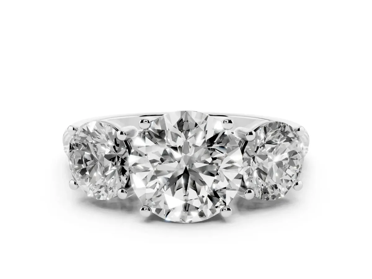 Three-Stone Round Cut Diamond Ring with Round Pavé Band and Prong Setting Silver