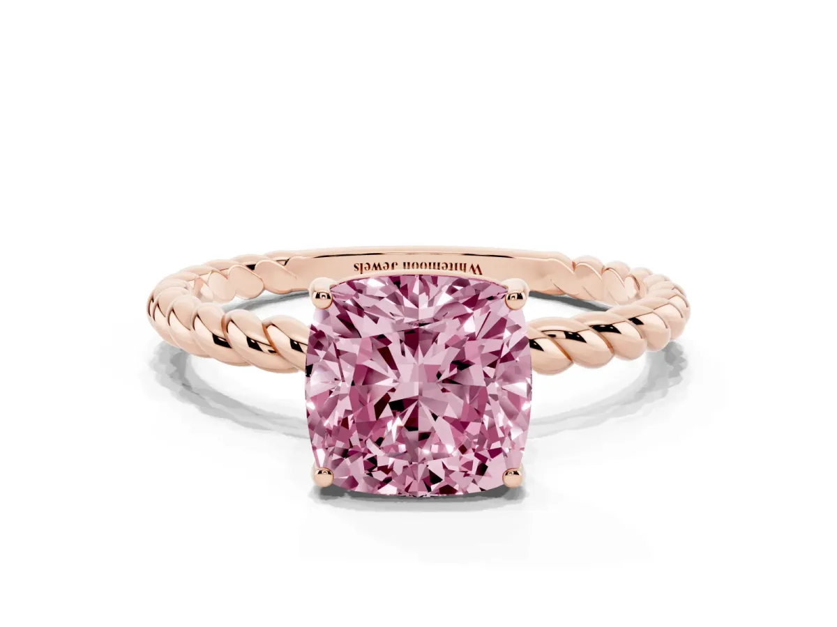 Fancy Pink Cushion Cut Solitaire Twist Band Ring with Four-Prong Setting Rose gold