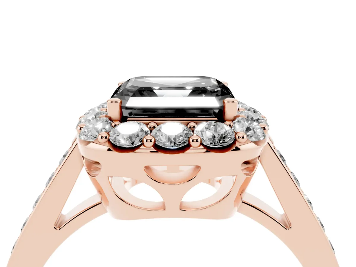 Fancy Black Asscher Cut Diamond Floral Halo Ring with Pavé Band and Prong Setting Rose gold
