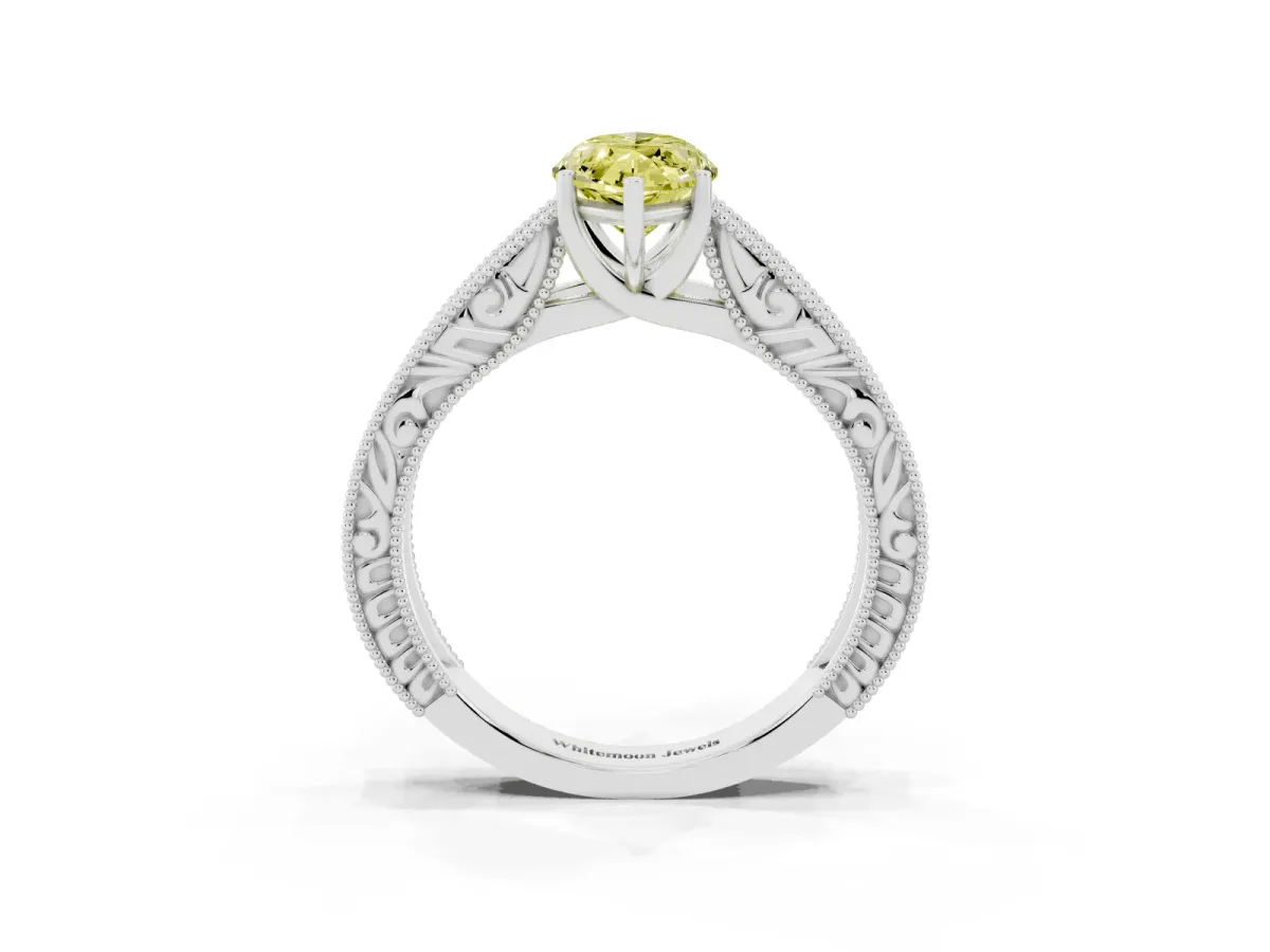 Fancy Yellow Marquise Cut Diamond Solitaire Ring with Engraved Band and Four-Prong Setting Silver
