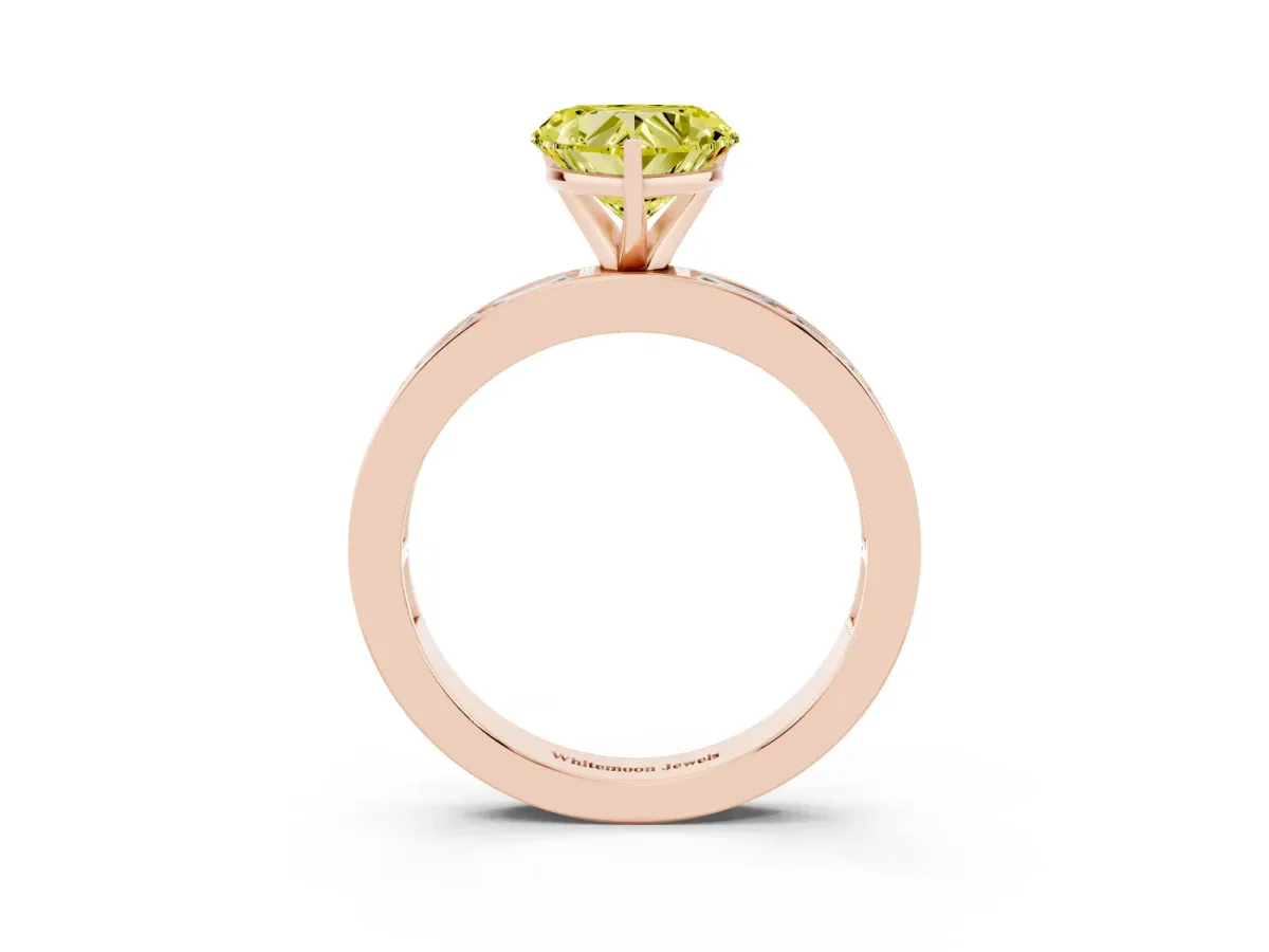 Fancy Yellow Heart Cut Solitaire Diamond Ring with Channel-Set Baguette Band and Four-Prong Setting Rose gold