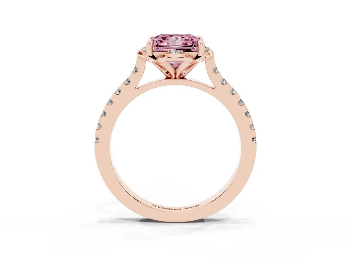 Fancy Pink Princess Cut Diamond Ring with Pavé Band and Floral Prong Setting Rose gold