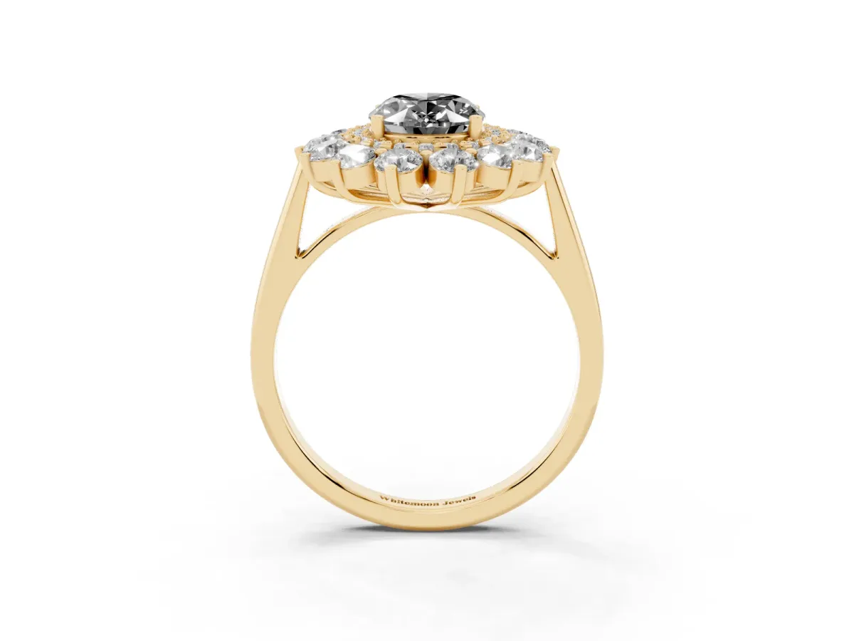 Fancy Black Oval Cut Diamond Floral Double Halo Engagement Ring with Prong Setting Yellow gold