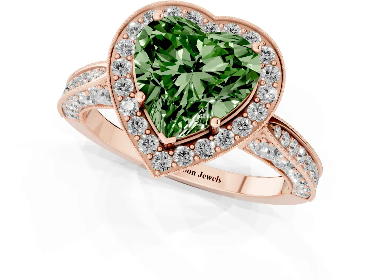 Fancy Green Heart Cut Halo Diamond Engagement Ring with Split Shank Band and Four-Prong Setting Rose gold