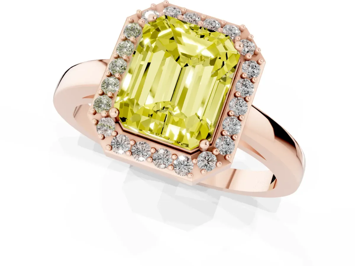 Fancy Yellow Radiant Cut Halo Diamond Ring with Solitaire Band and Prong Setting Rose gold