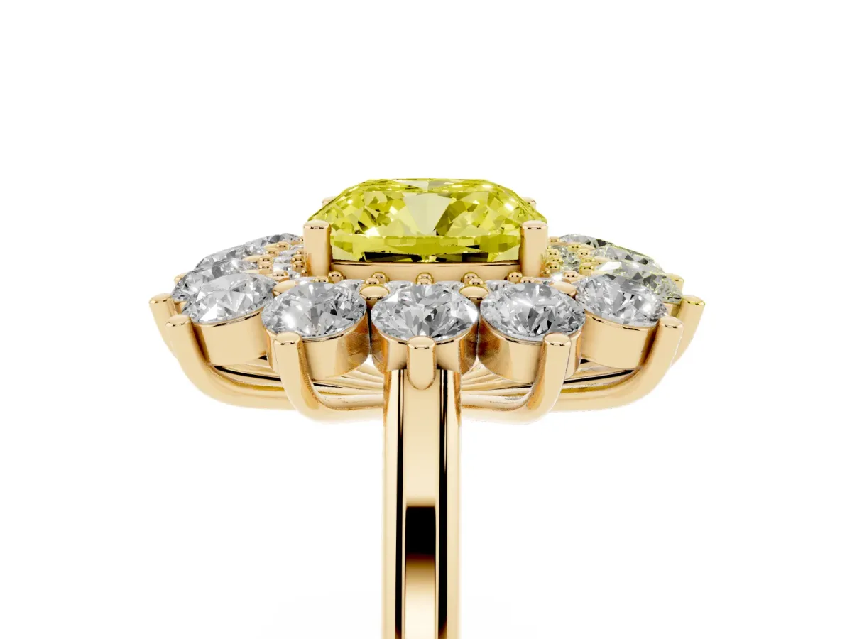 Fancy Yellow Cushion Cut Diamond Floral Double Halo Engagement Ring with Prong Setting Yellow gold