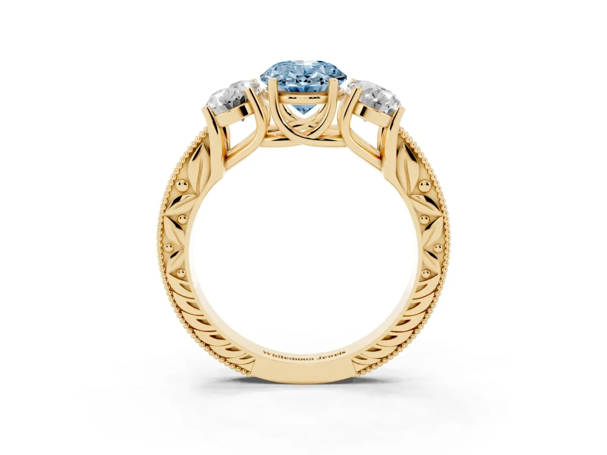 Fancy Blue Three-Stone Oval Cut Cut Milgrain Pavé Engagement Ring Yellow gold
