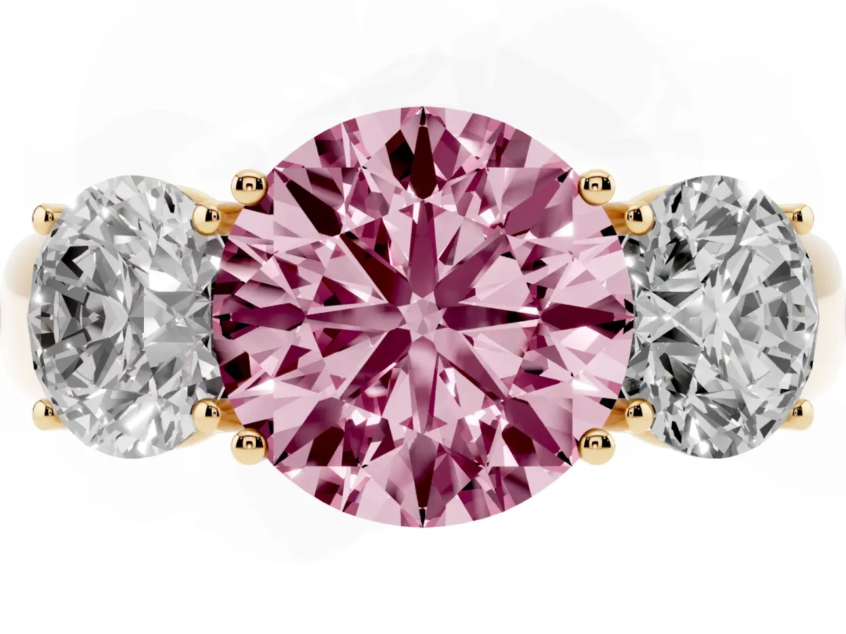 Fancy Pink Three-Stone Round Cut Cut Diamond Ring with Prong Setting and Classic Band Yellow gold