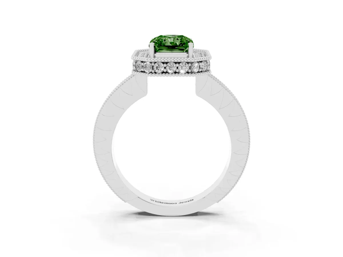 Fancy Green Radiant Cut Diamond Milgrain Halo Engagement Ring with Round Pavé Band and Prong Setting Platinum